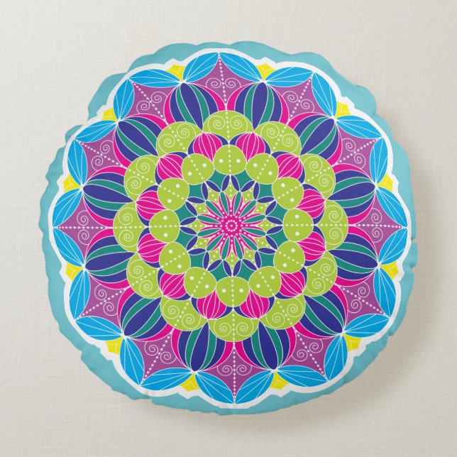 Bold Bright Funky Neon Mandala Rundes Kissen (Vorderseite)