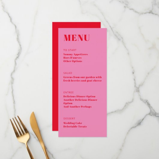 Bold Bright Pink Red Modern Minimalistisch Dinner Menükarte (Vorderseite/Rückseite Beispiel)
