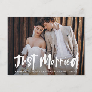 Bold Brush Script Foto Just Married Wedding Postkarte