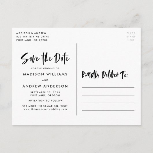 Bold Brush Script Sie sagte ja Foto Save the Date Ankündigungspostkarte (Rückseite)