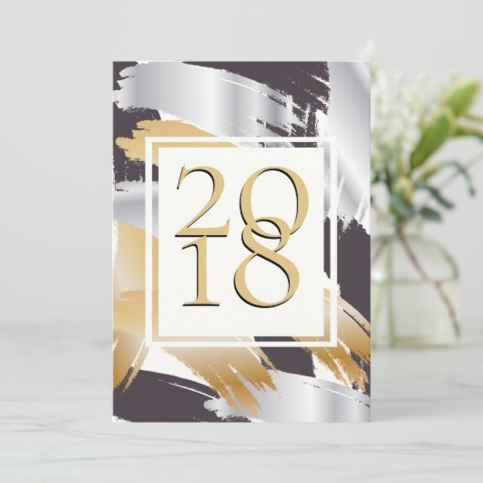 BOLD Brush Strokes Gold Silver & Black NYE BASH Einladung (Stehend Vorderseite)