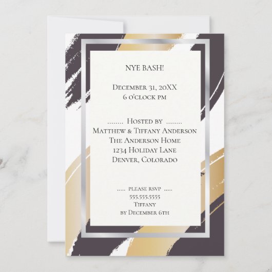 BOLD Brush Strokes Gold Silver & Black NYE BASH Einladung (Rückseite)
