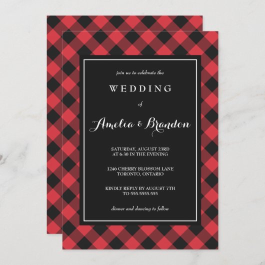 Bold Buffalo Kariert Red & Black Wedding Einladung (Vorne/Hinten)