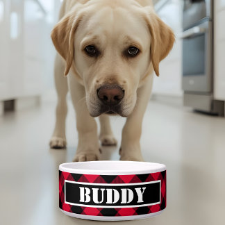 Bold Buffalo Red Black Plaid Pattern Name Dog Napf