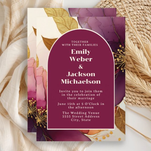 Bold Burgundy Plum Gold Floral Arch Wedding Einladung