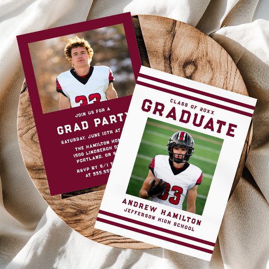 Bold Burgundy Stripes Athletic Photo Graduation Einladung