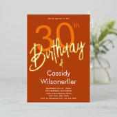 Bold Burnt Orange 30. Geburtstag Gold Folieneinladung (Stehend vorne)