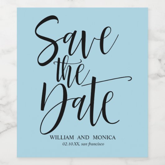 Bold Calligraphy Black Azure modern Save the Date Weinetikett (Einzelnes Label)