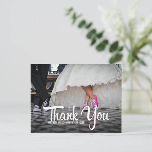 Bold Calligraphy Foto Wedding Danke Postcard Postkarte (Stehend Vorderseite)