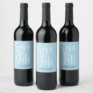Bold Calligraphy White Azure modern Save the Date Weinetikett