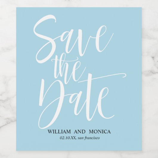 Bold Calligraphy White Azure modern Save the Date Weinetikett (Einzelnes Label)