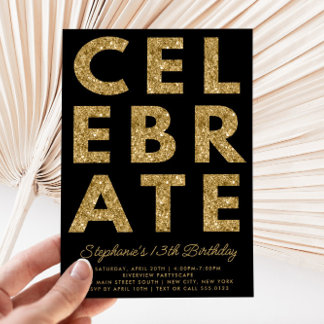 Bold CELEBRATE Black mit Gold Glitzer Geburtstag Einladung