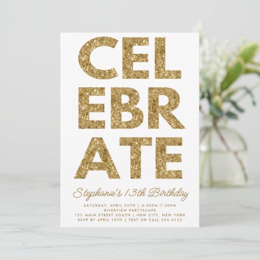 Bold CELEBRATE Gold Glitzer Geburtstag Einladung (Stehend Vorderseite)