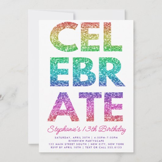 Bold CELEBRATE Rainbow Glitzer Geburtstag Einladung (Vorderseite)