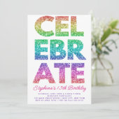 Bold CELEBRATE Rainbow Glitzer Geburtstag Einladung (Stehend Vorderseite)