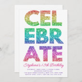Bold CELEBRATE Rainbow Glitzer Geburtstag Einladung (Vorne/Hinten)