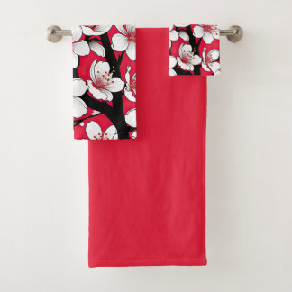 Bold Cherry Blossom Illustration on Red Badhandtuch Set