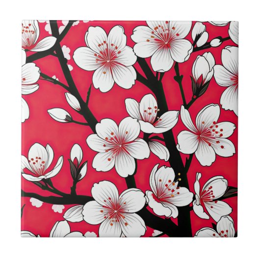 Bold Cherry Blossom Illustration on Red Fliese (Vorderseite)