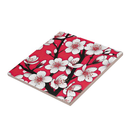 Bold Cherry Blossom Illustration on Red Fliese (Seite)