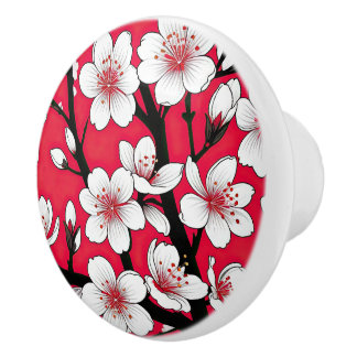 Bold Cherry Blossom Illustration on Red Keramikknauf