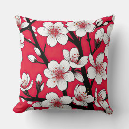 Bold Cherry Blossom Illustration on Red Kissen