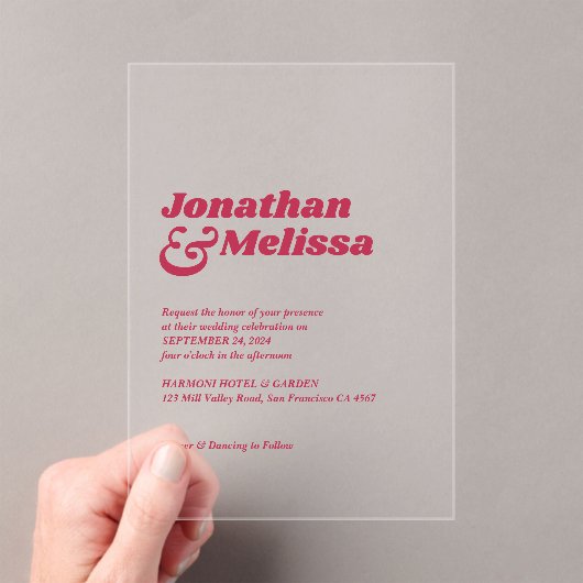 Bold Chic Retro Hot Pink Typografy Wedding Acryleinladungen (Insitu (Handheld))