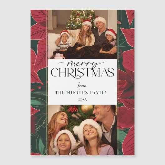 Bold Christmas Poinsettia Botanical 2-Foto Magnetkarte (Vorderseite)