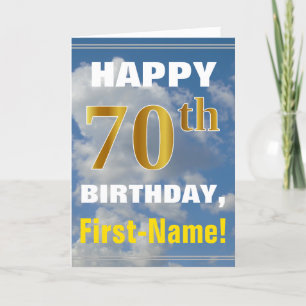 Bold, Cloudy Sky, Faux Gold 70th Birthday + Name Karte