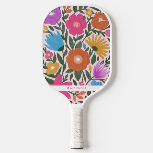 Bold Colorful Spring Florals Name Pickleball Schläger (Vorderseite)