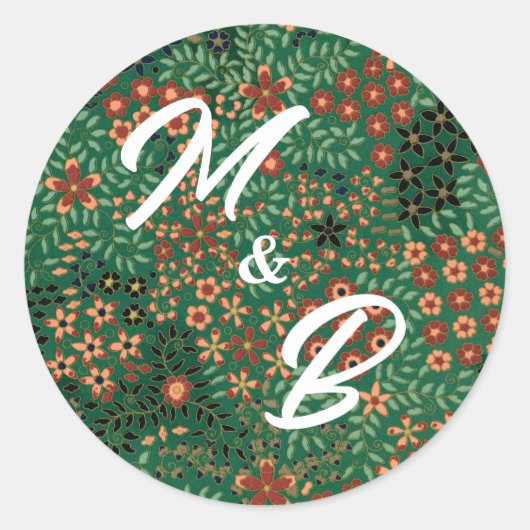 Bold Dark Green Red Floral Textile Pattern Wedding Runder Aufkleber (Vorderseite)