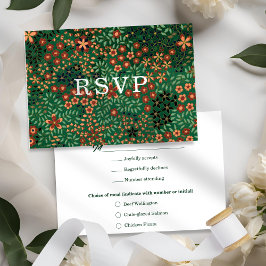 Bold Dark Green Red Floral Textile Wedding Meal RSVP Karte