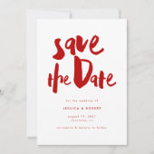 Bold Edgy Modern Red Brush Script Foto Wedding Save The Date (Vorderseite)