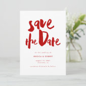 Bold Edgy Modern Red Brush Script Foto Wedding Save The Date (Stehend Vorderseite)