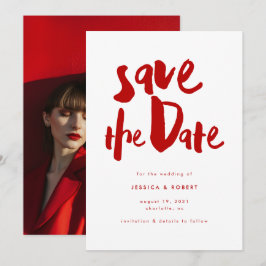 Bold Edgy Modern Red Brush Script Foto Wedding Save The Date