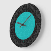 Bold Elegant Black And Turquoise Floral Damasks Große Wanduhr (Winkel)