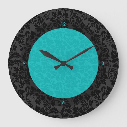 Bold Elegant Black And Turquoise Floral Damasks Große Wanduhr (Vorderseite)
