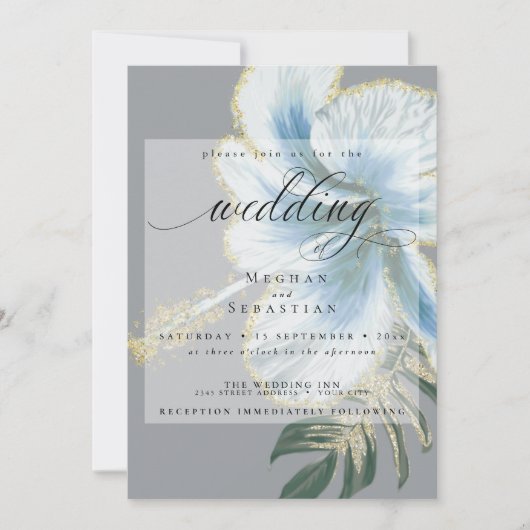 Bold Elegant Dusty Blue Floral Wedding Einladung (Vorderseite)
