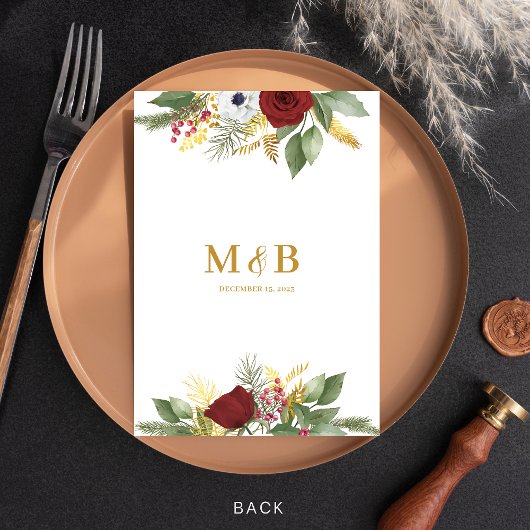Bold elegante Red Gold Floral Monogram Wedding Menükarte