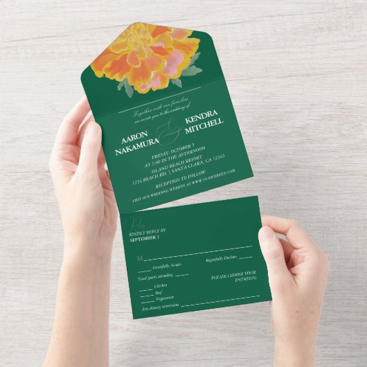Bold Emerald Marigold Wedding All In One Einladung (Abreißen)