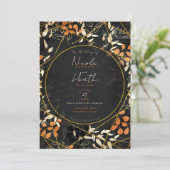 Bold Fall Dark Floral Orange Gold Wedding Einladung (Stehend Vorderseite)