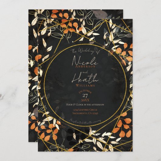 Bold Fall Dark Floral Orange Gold Wedding Einladung (Vorne/Hinten)