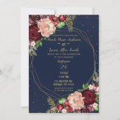 Bold Fall Floral Navy Blue Gold & Burgundy Wedding Einladung (Vorderseite)