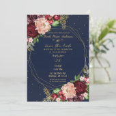 Bold Fall Floral Navy Blue Gold & Burgundy Wedding Einladung (Stehend Vorderseite)