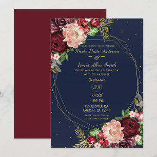 Bold Fall Floral Navy Blue Gold & Burgundy Wedding Einladung