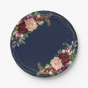 Bold Fall Floral Navy Blue Gold & Burgundy Wedding Pappteller
