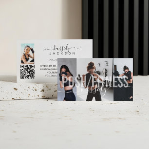 Bold Fitness Trainer Foto Collage Script Name QR Visitenkarte