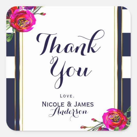 Bold Floral Blue & Gold Elegante Klasse Moderne Quadratischer Aufkleber (Vorderseite)