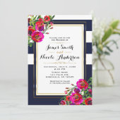 Bold Floral Blue & Gold Elegante Moderne Hochzeit Einladung (Stehend Vorderseite)