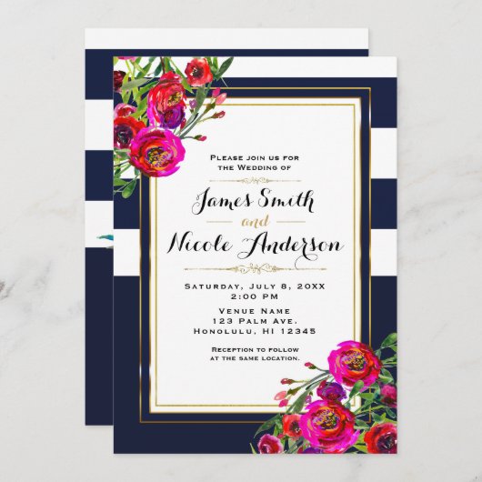 Bold Floral Blue & Gold Elegante Moderne Hochzeit Einladung (Vorne/Hinten)