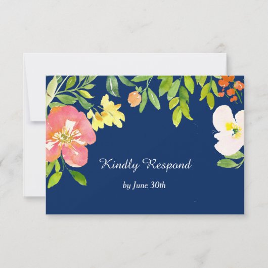 Bold Floral Border Navy Blue Wedding RSVP Karte (Vorderseite)